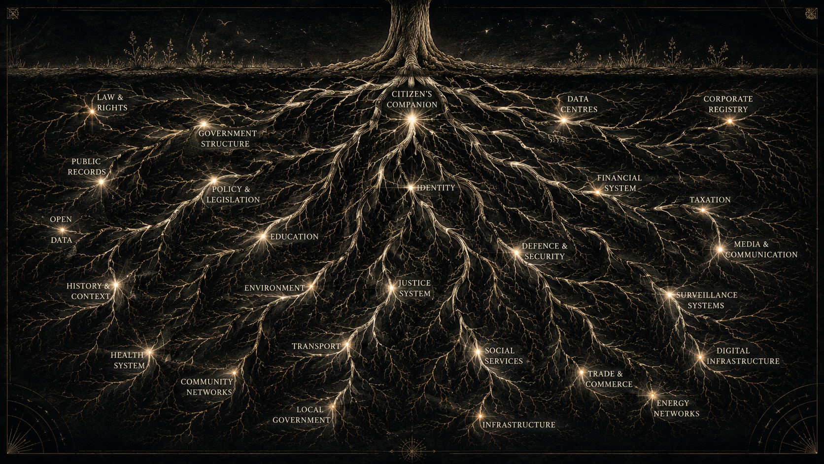 An intricate underground root network labelled with Australian civic systems including Law & Rights, Identity, Data Centres, Health System, Surveillance Systems and others.