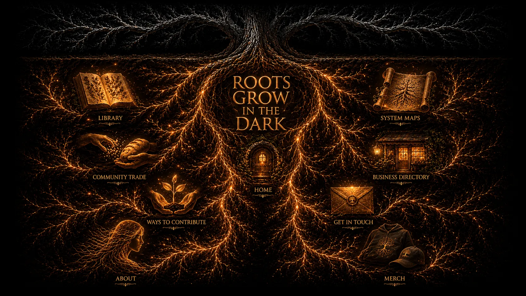 A vast dark tree. Its silver-pewter branches loom nameless above a soil line. Below, a glowing golden root network fills the lower frame, cradling nine small vignettes: a small round door in the trunk (Home), an open book (Library), a rolled map (System Maps), two hands exchanging seeds and bread (Community Trade), a lit shopfront (Business Directory), two hands cupping a seedling (Ways to Contribute), a sealed letter (Get in Touch), a woman's profile in root lines (About), and a folded garment (Merch). At the centre, in gold serif: Roots Grow in the Dark.